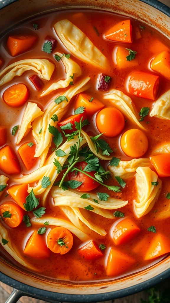 A bowl of healthy cabbage soup filled with carrots and tomatoes, garnished with herbs.
